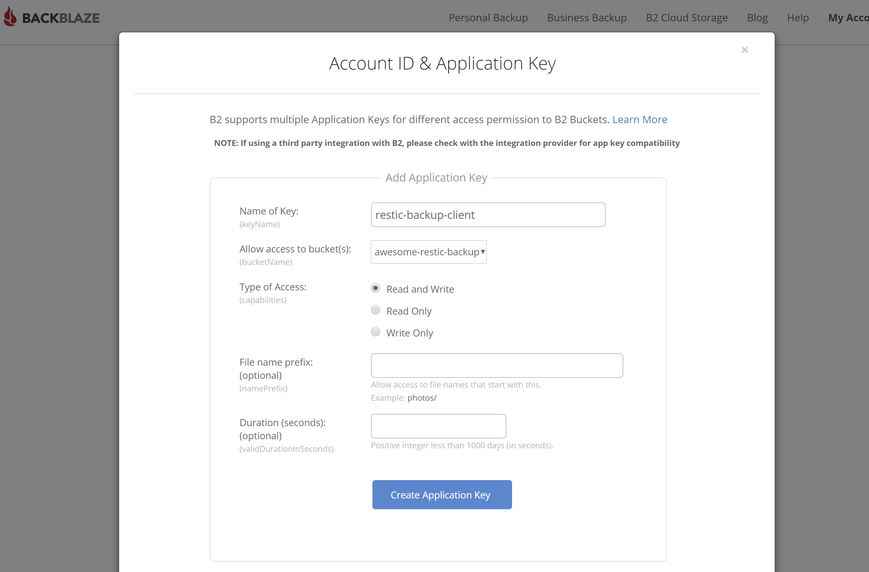 Create an access key with Backblaze B2