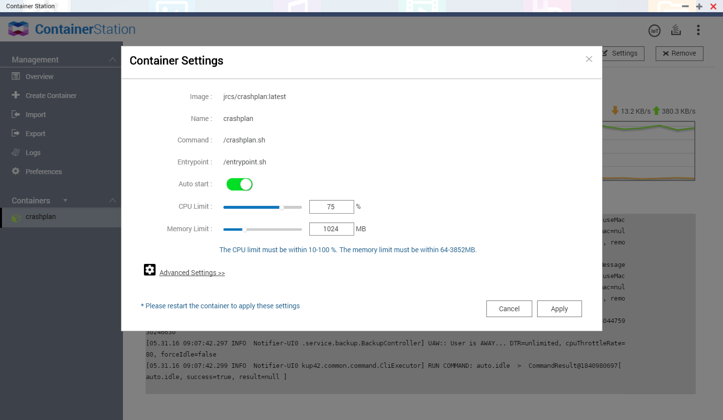 Crashplan Docker container settings on a QNAP NAS